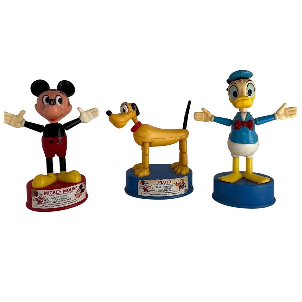 Push Button Puppet Set Disney 1960s Mickey Donald Pluto Kohner Toys Vintage‎